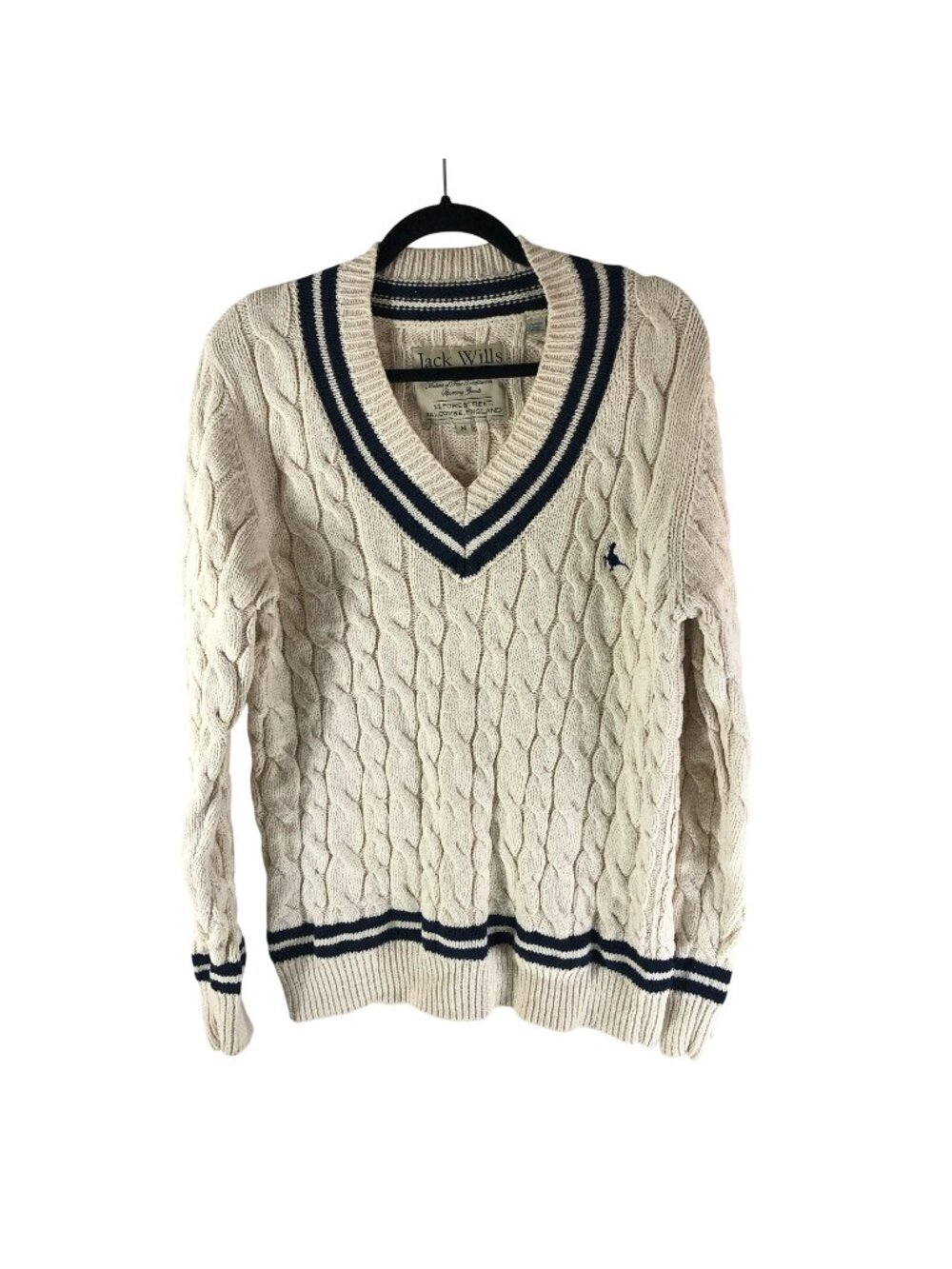 Jack Wills Knitwear Mens Sweater Cable Knit V Neck Ivory Black Cotton M